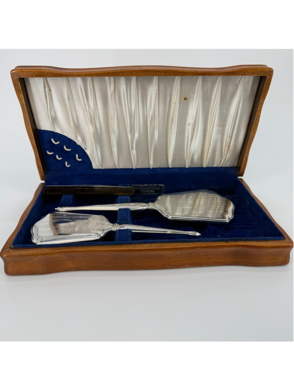 International Sterling Silver 3pc Vanity Set Brush Mirror & Wooden Box Art Deco